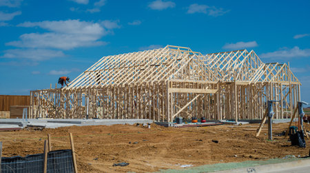 Roof trusses rise over fresh wall framing as worker secures structural connections on the upper...