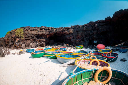 Colorful fishing boats on the beachの写真素材