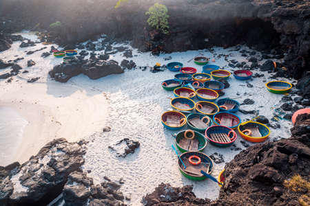 Colorful boats on the beach in Lanzarote, Canary Islands, Spainの写真素材