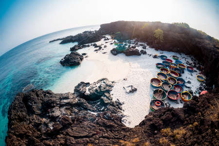 Aerial view of a fishing boat on the coast of the island of Lanzaroteの写真素材