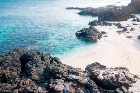 Aerial view of the beautiful sandy beach with crystal clear turquoise water. Natural background.の写真素材