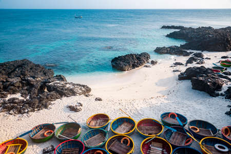 Fishing boats on a white sand beach in the island of Lanzaroteの写真素材