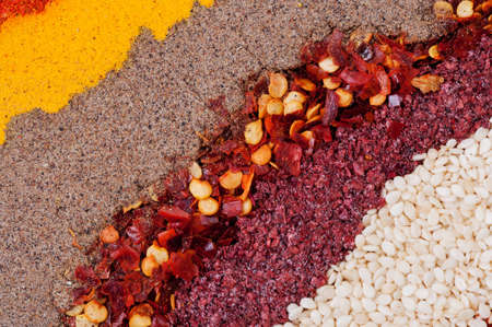 Spices arranged as a diagonal backgroundの写真素材