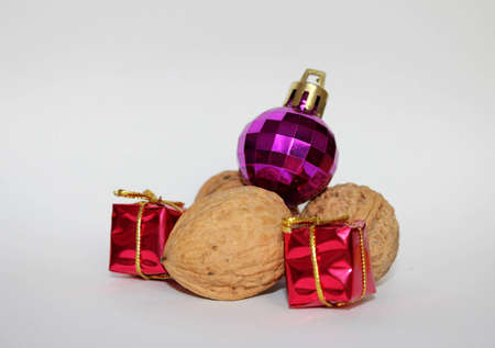 Christmas decorations - flask, nuts, giftsの写真素材