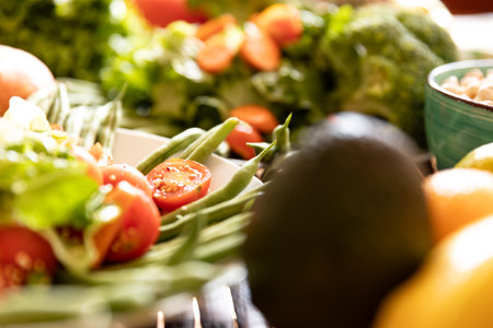 Healthy vegan food. Fresh vegetables on wooden background.の写真素材