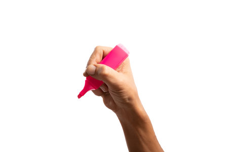 Black male hand holding a pink marker pen, Highlighter isolated no background