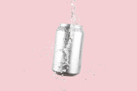 Aluminium beer or soda drinking can with water splash on light pink background