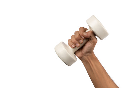 Black male hand holding a plastic white dumbell isolated, white backgroundの写真素材
