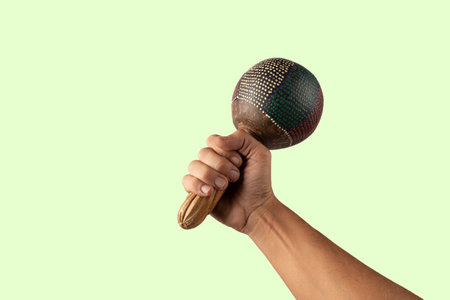Male hand holding an ethnic design maraca isolated on light green backgroundの写真素材