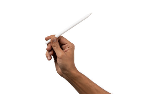 Male hand holding an smart pen isolated on white backgroundの写真素材
