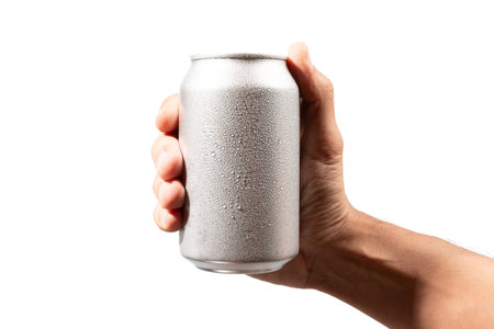 Male hand holding an aluminium drinking can isolated on white backgroundの写真素材