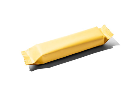 Yellow snack bar mockup isolated on white background cutoutの写真素材