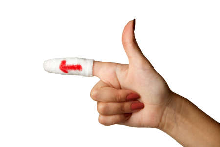Finger in bandage  The drawn red arrow on a white background