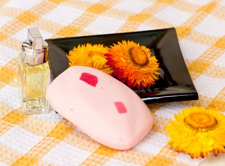 Natural Handmade Soap with Spa concept on fabric textile.の写真素材