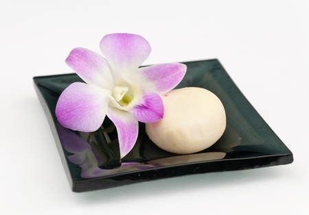Japanese dessert  mochi on disk の写真素材