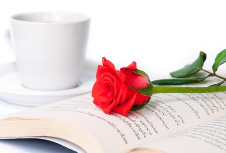 Red rose and the  book  with a cup of coffee.の写真素材