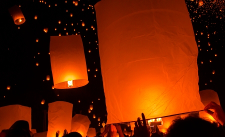 Floating lantern in Yee Peng festival, Buddhist floating lanterns to the Buddha  in Sansai district, Chiang Mai, Thailand.の写真素材