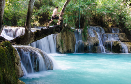 Tad Kwang Sri Waterfall, this waterfall was considered to be the most beautiful waterfall in Asia.の写真素材