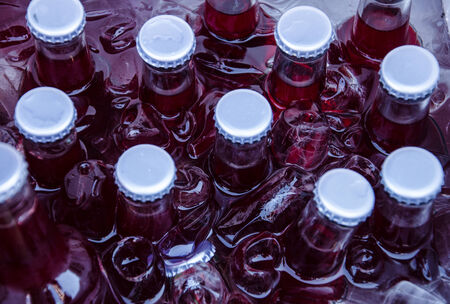 Bottled of strawberry  juice in Top view .の写真素材