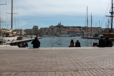 People on the pier at the port of Marseilleのeditorial素材
