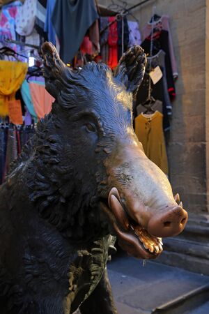 Wild pig mouth sculpture at san lorenzo market at historic center of florence, italyの写真素材