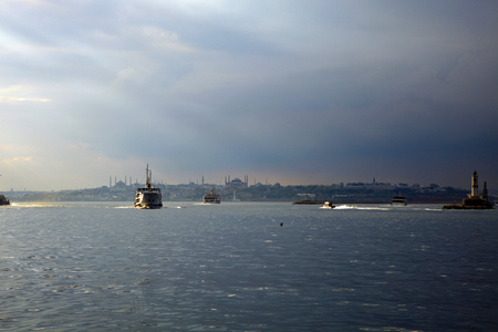 Panorama of the Bosphorus strait in Istanbul, Turkey. Twilight.の写真素材