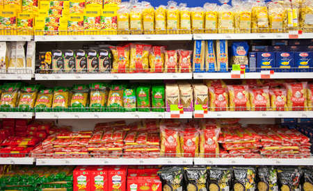 Kaliningrad, Russia - January 31, 2021: Pasta on supermarket shelves.のeditorial素材