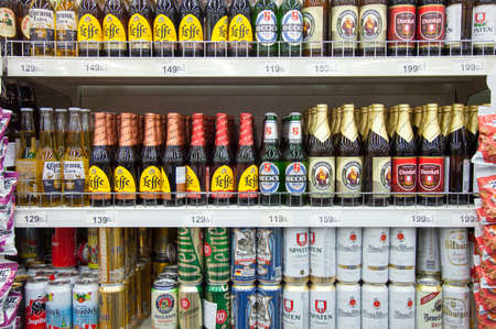 Kaliningrad, Russia - January 31, 2021: Beer on supermarket shelves.のeditorial素材