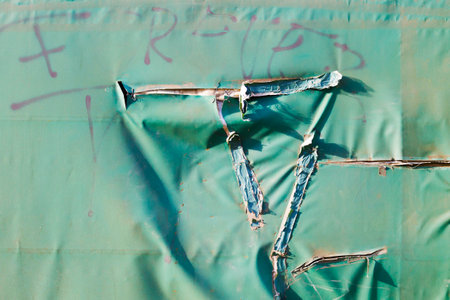 Blue torn tarpの写真素材