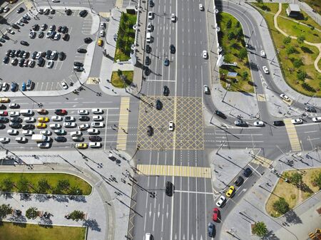 Intersection on a busy highway in Moscow from a height of