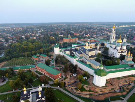 Aerial view at dawn on Holy Trinity Sergei lavra. Central tourist route Gold Ring of Russia.