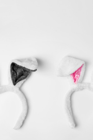 Top view of two rabbit ears on white background pink and couple love holiday easter conceptの写真素材