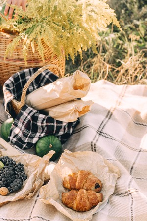 Summer Picnic at sunset on the plaid, food and drink conception lifestyleの写真素材