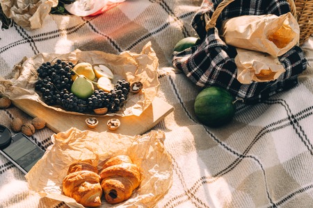 Summer Picnic at sunset on the plaid, food and drink conception lifestyle