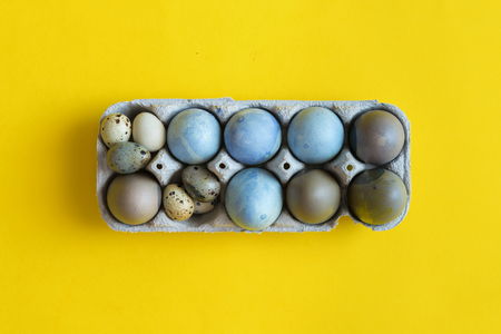 Blue Easter egg on yellow pastel background. Happy Easter concept Organic coloring hibiskusの写真素材
