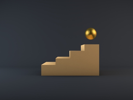 3d render beige cream stairs and bronze sphere winner stage, succsess conceptの写真素材