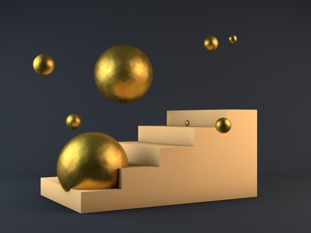 3d render beige cream stairs and bronze sphere winner stage, succsess concept
