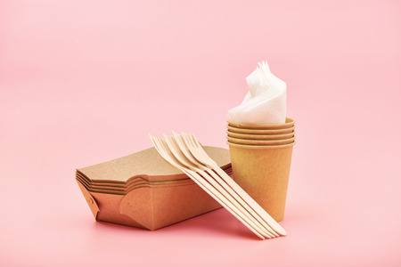 Eco-friendly disposable utensils made of bamboo wood and paper, isolatedの写真素材