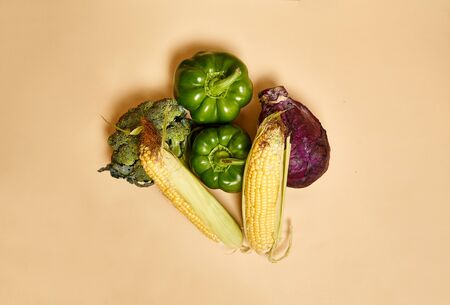 Vegetables flat lay on beige background. Copy space. Harvest time, autumn