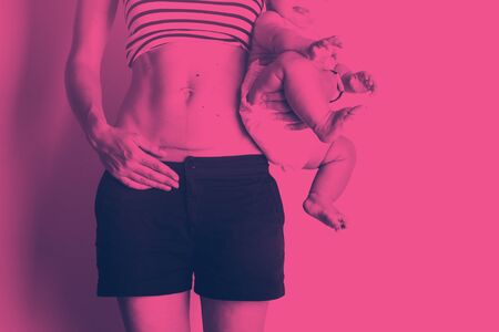 C section Cesarean operation heal after mother holding baby postpartum recovery duotone
