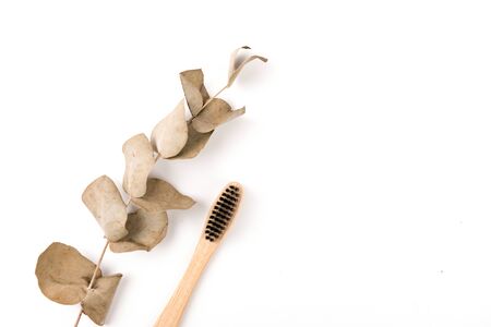 Set of toothbrushes in glass isolated on white background. Bamboo eco-friendly. Zero waste