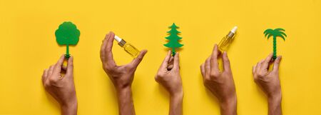 Hands holding essential oils and trees. natural medicine flat lay. Yellow backgroundの写真素材