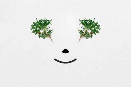 Reindeer face made of pine branches. Minimal christmas concept. Flat lay. Smile 2020の写真素材