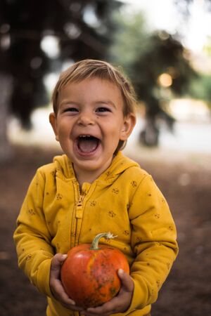 Little beautiful girl toddler holding pumpkin outdoors on sunny fall day. Halloween concept