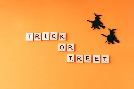 Halloween holiday minimal top view image of letter with text and whitch. Holiday backgroundの写真素材