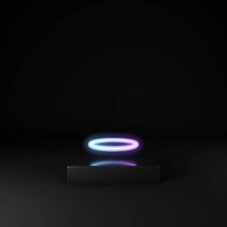3d render of black stage and neon circle. Product showcase. Neon cyberpunkの写真素材