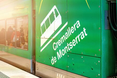 Barcelona, Spain. Couple in love and train to Montserrat monastery . Christians travel