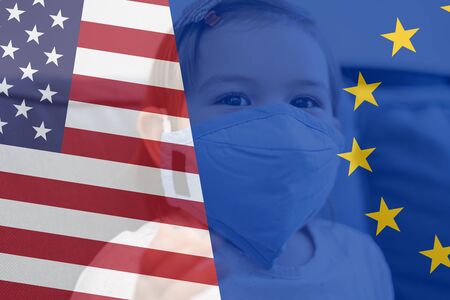 Toddler girl with medical mask on the face. Covid 2019 corona virus USA vs EU quarantine