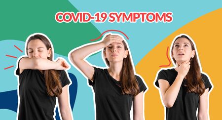 Young woman with symptoms of coronavirus - sneezing, cough, high temperature and sore throat.の写真素材