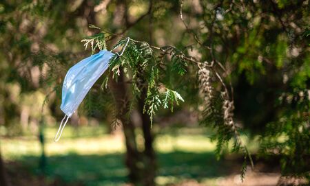 Medical mask on the tree outdoors. Pollution from covid-19 quarantineの写真素材